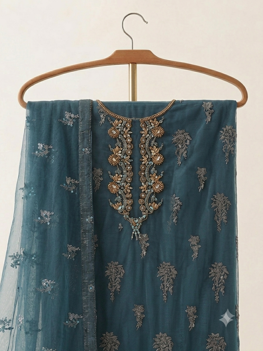 Unsttiched Organza Embriodery handworked 3pc