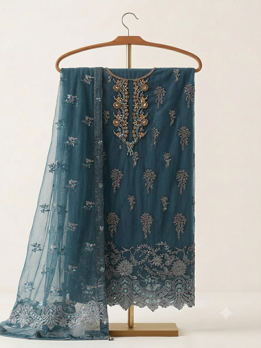 Unsttiched Organza Embriodery handworked 3pc